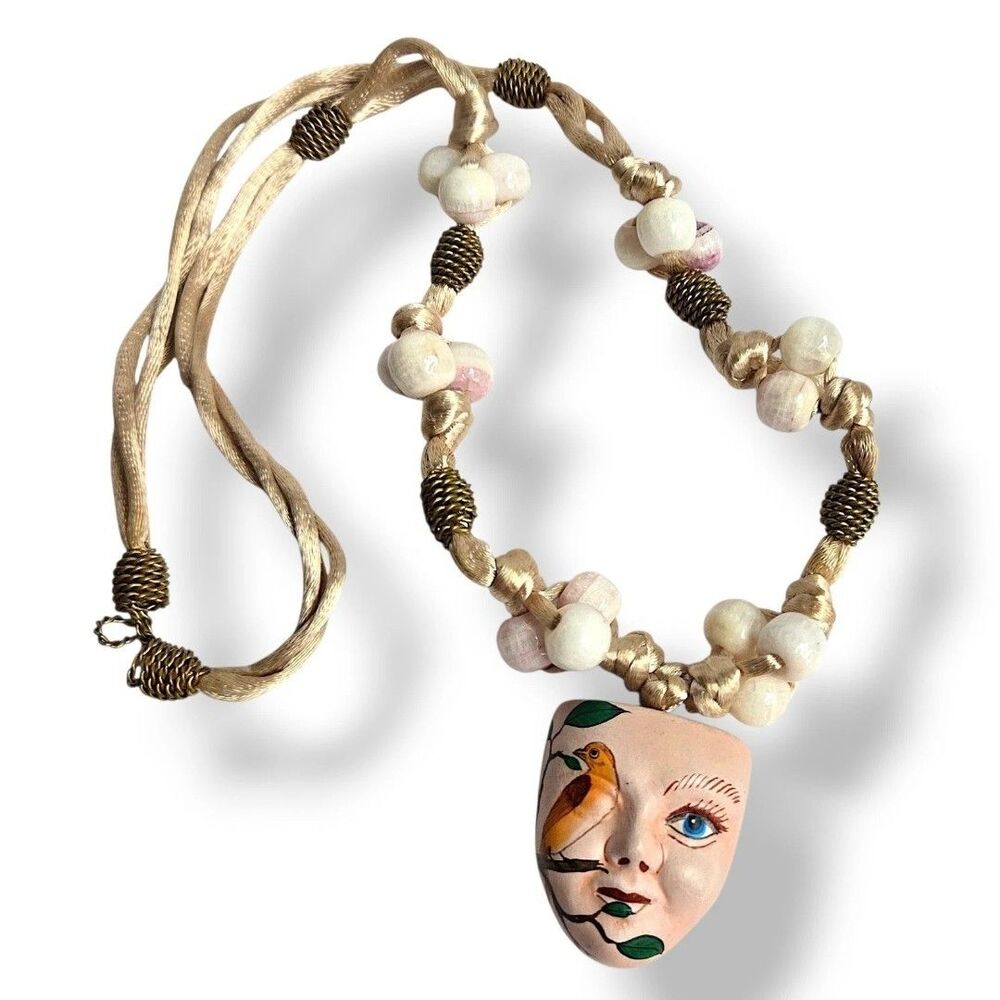 Tonala Mexico Clay Face Bird Mask Pendant Necklace Hand Painted Folk Art 22"